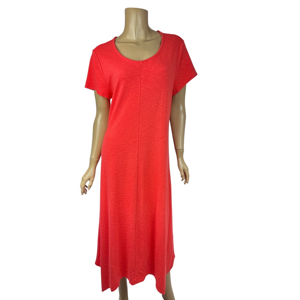 Chico's Coral Orange Slub Knit Short Sleeve Scoop Neck Midi Dress Size 2 L